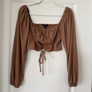 Forever 21 Brown Ribbed Long-Sleeve Cropped Drawstring Top